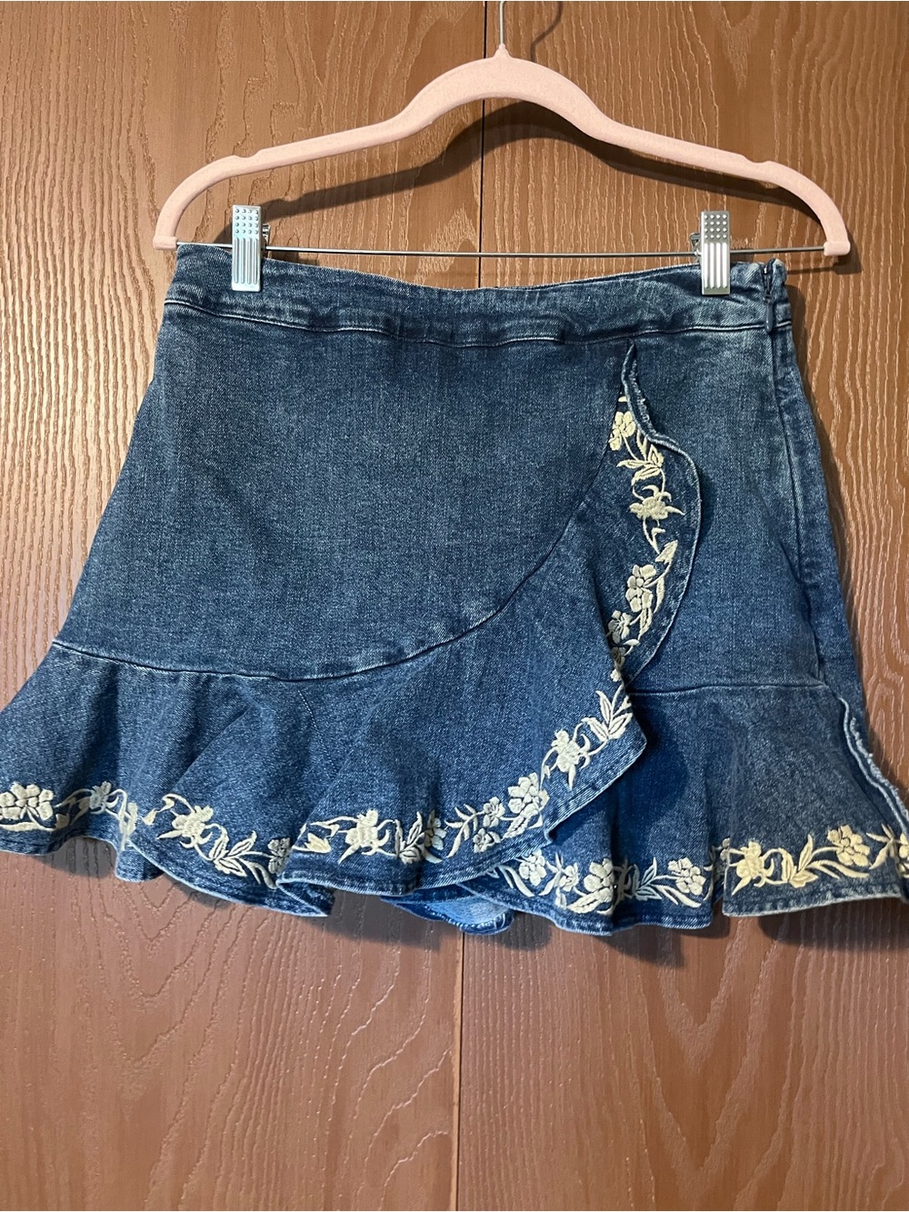 Denim Ruffle Mini Skort with Floral Embroidery - Blue